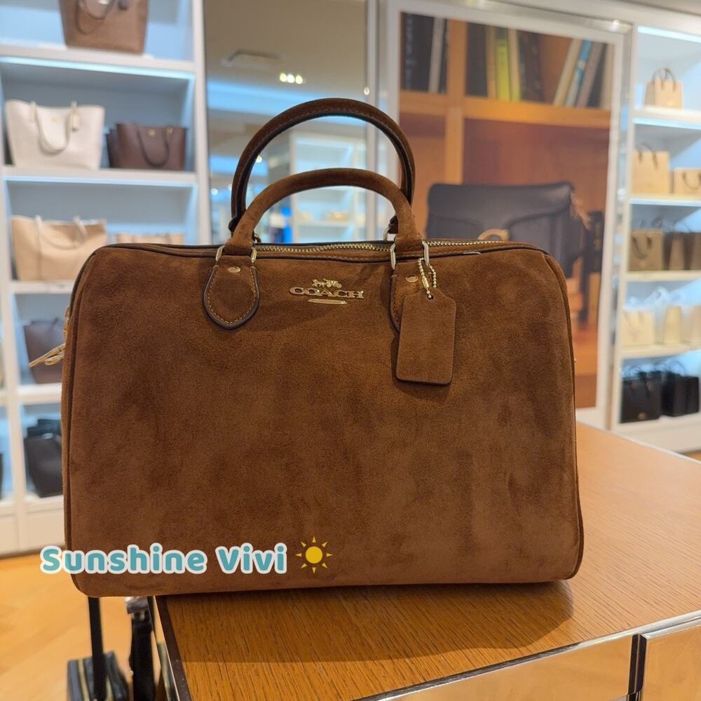 NWT Coach Rowan Large Satchel Bag CET42 Gold/Warm Brown Suede and smooth leather
